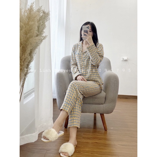 [Ảnh Thật] Bộ ngủ kẻ đũi pha nhung_Chất mềm_Không nhăn | BigBuy360 - bigbuy360.vn