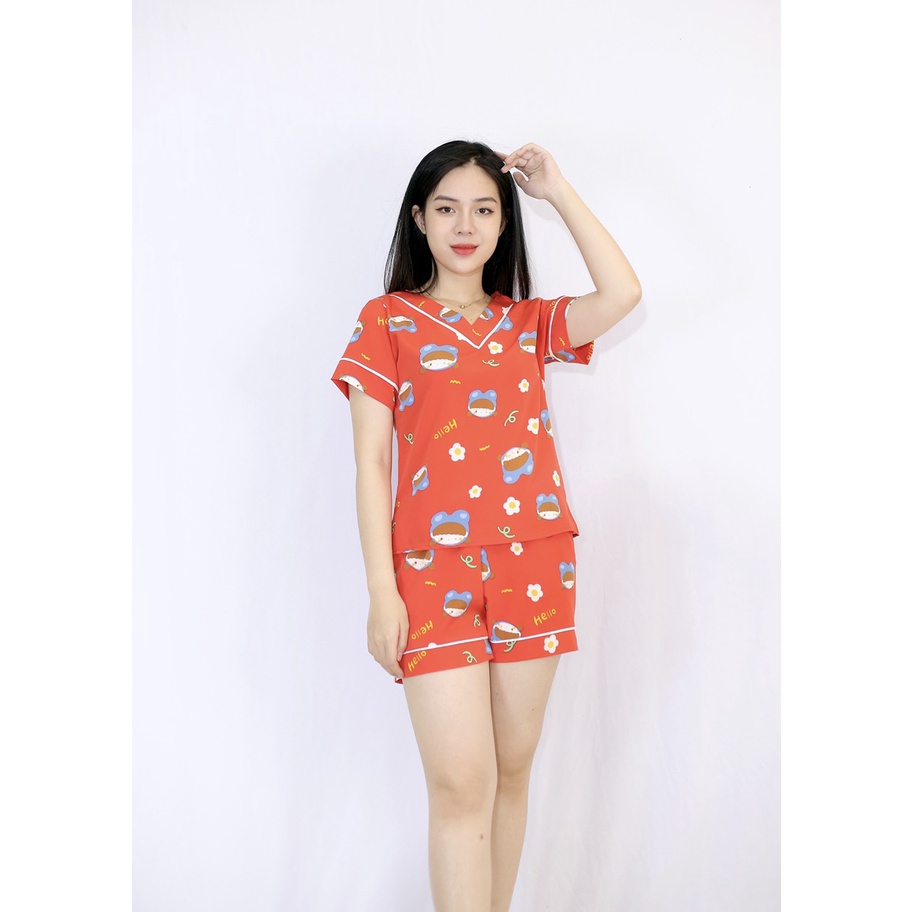 Bộ đồ bộ Pijama màu ĐỎ HELLO CỔ TIM tay ngắn quần ngắn vải lụa cao cấp  - Thoải Mái Nhẹ Nhàng