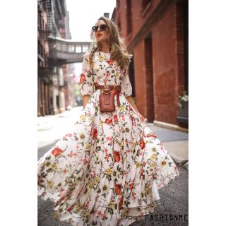 Đầm maxi dài tay họa tiết hoa trang trí phong cách Boho