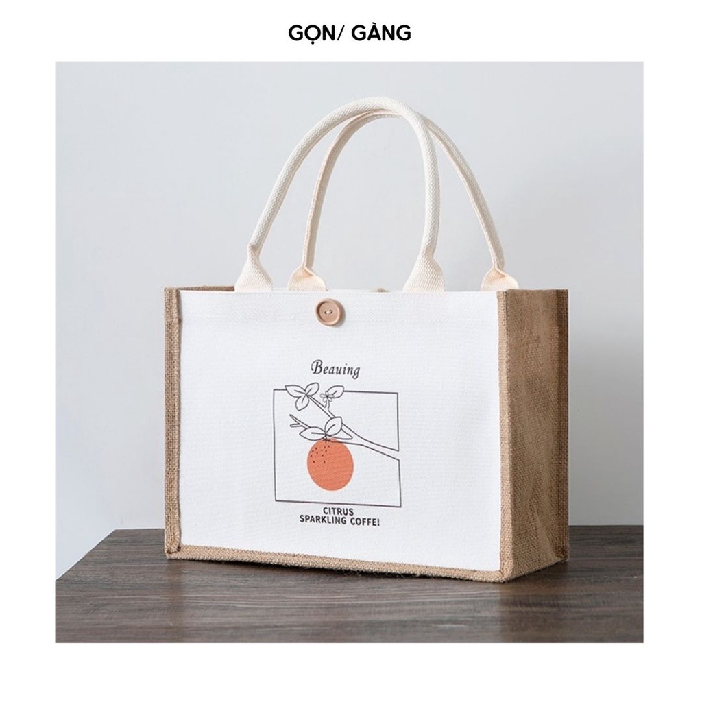 Túi cói đi biển du lịch vintage có cúc cài in hình vintage đựng đồ quần áo đứng form chống nước khuy cài Gọn Gàng