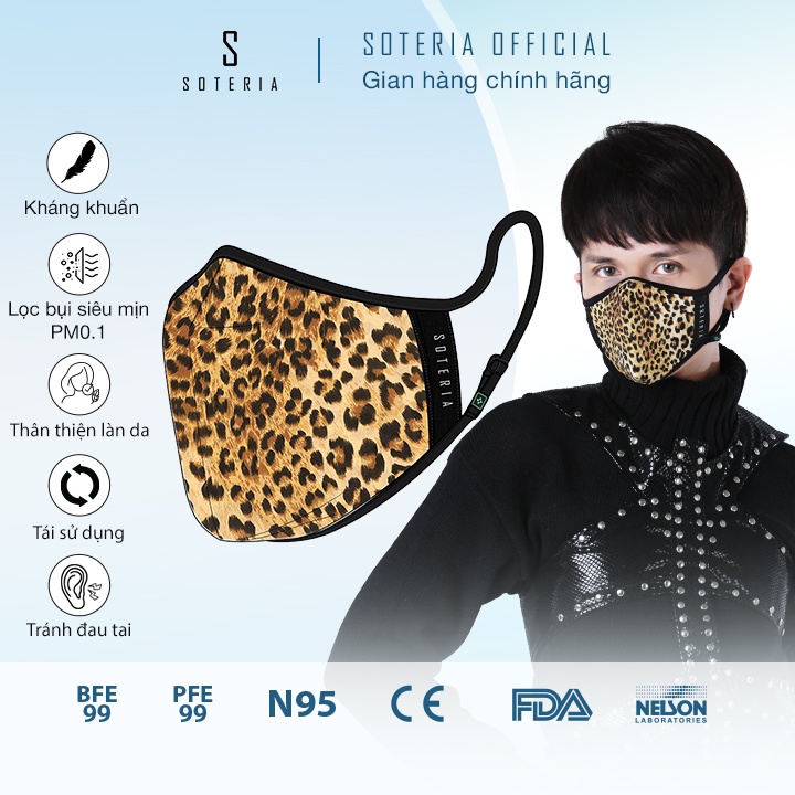 Khẩu trang tiêu chuẩn Quốc Tế SOTERIA Leopard 02 ST272 - Bộ lọc N95 BFE PFE 99 lọc đến 99% bụi mịn 0.1 micro-Size S,M,L