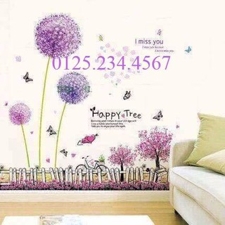Decal dán tường combo cẩm tú cầu + hàng rào happy tree