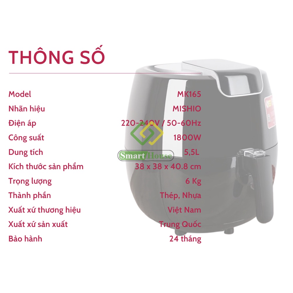 Nồi Chiên Không Dầu Mishio MK165 5.5L Nồi Chiên Điện Tử Màu Đen