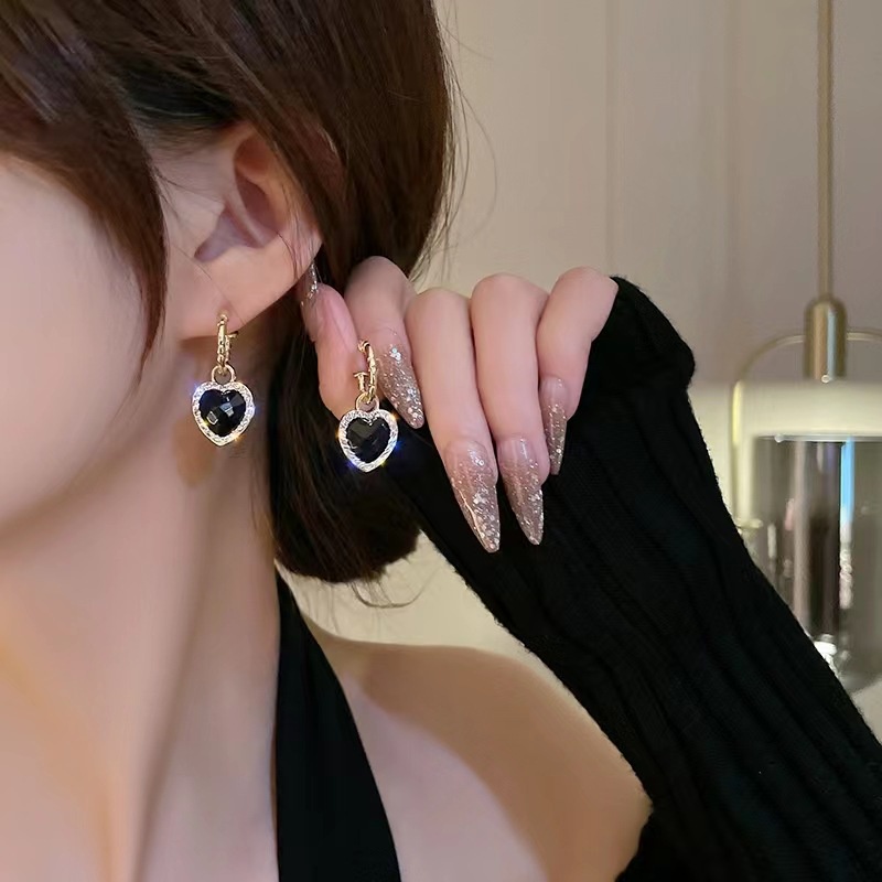 Trang sức AY vòng cổ/ bông tai mặt hình trái tim đính đá sang trọng cho nữ