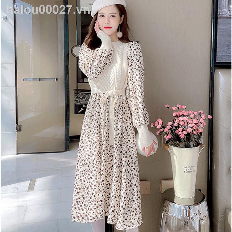 Đầm dệt kim in hoa thời trang mùa đông năm mới cho nữ