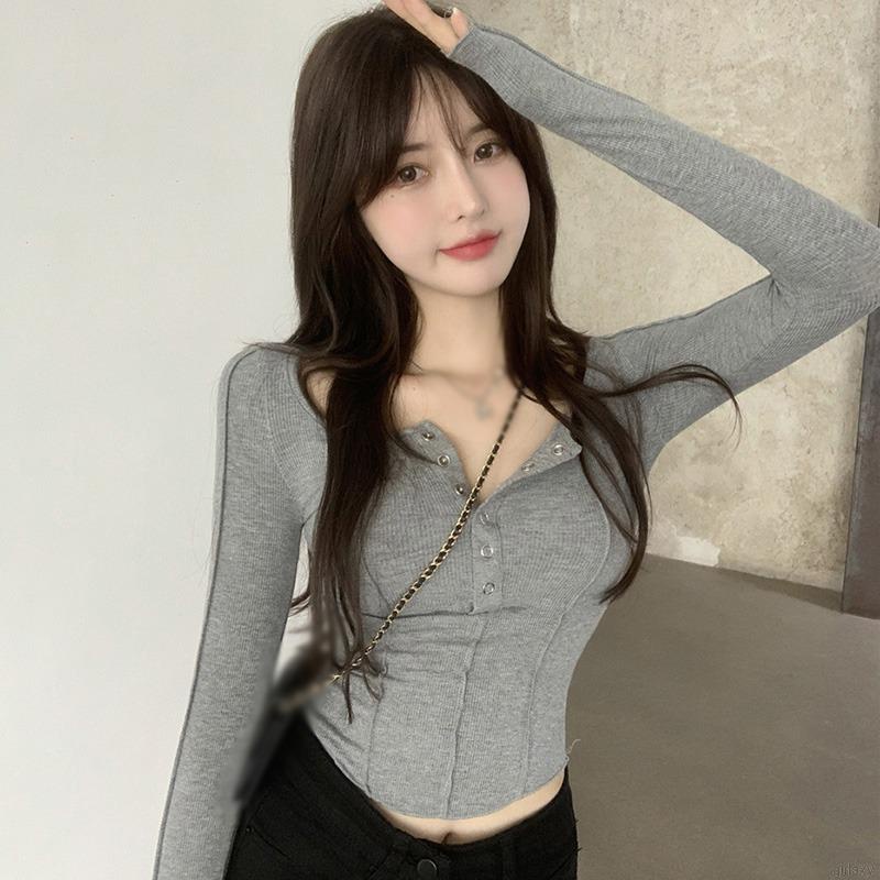 Áo croptop tay dài màu sắc thanh lịch thời trang xinh xắn