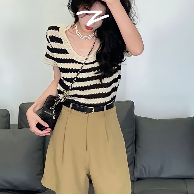 Áo Len Nữ Dệt Lỗ Thủng, Áo Dệt Kim Dáng Rộng Kẻ Sọc Trắng Đen Thời Trang Hàn Quốc Cho Nữ