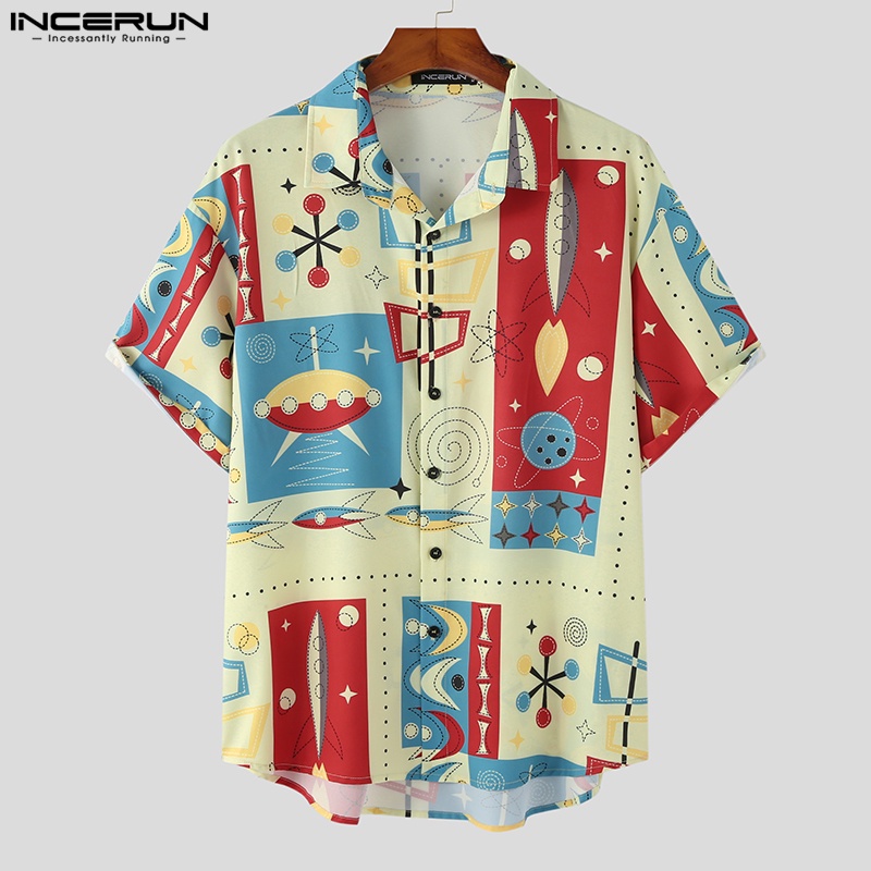 Áo sơ mi INCERUN tay ngắn in hình kèn trumpet phối nút thời trang đi biển cho nam