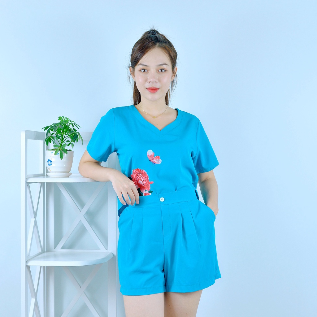 Bộ đồ nữ MÀU XANH ĐẬM IN HOA CỰC XINH  - vải lụa cao cấp - Lịch sự - Quý phái