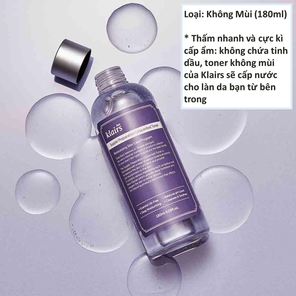 [Tặng Bông] Nước hoa hồng Dear Klairs Supple Preparation Unscented Toner 180ml (Không Mùi Hương)