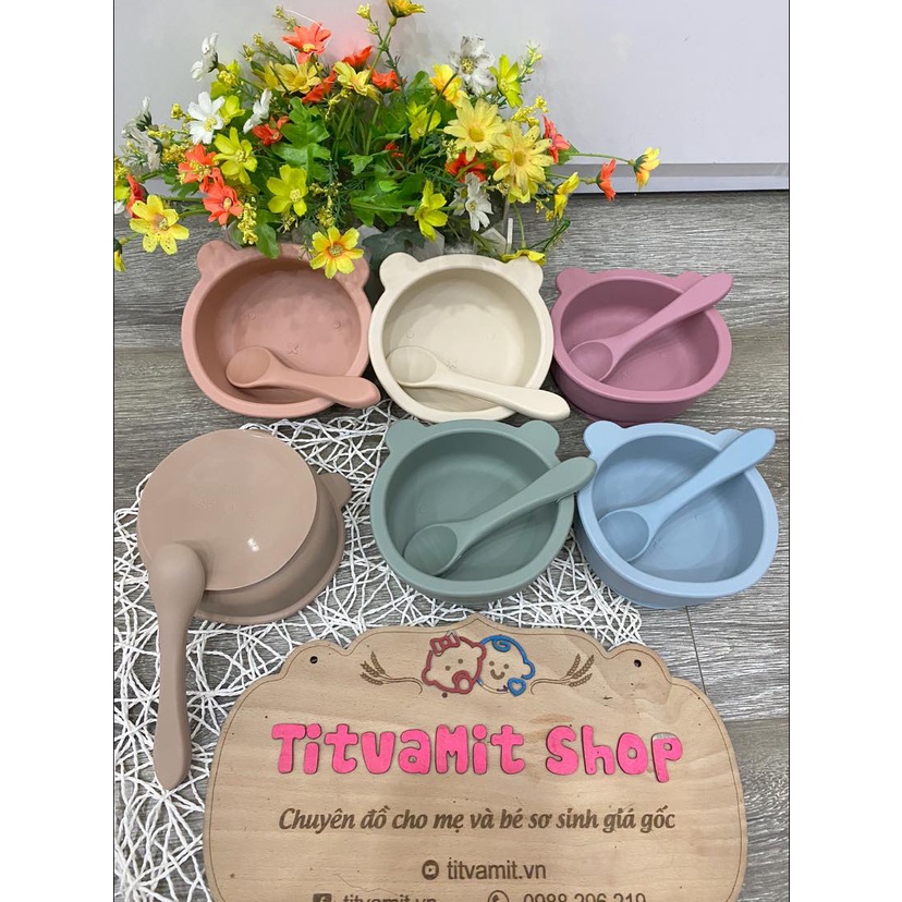 [CHỐNG ĐỔ] Set Bát Ăn Dặm Silicon Có Đế Hít Chống Đổ Kèm Thìa Silicon Cho Bé