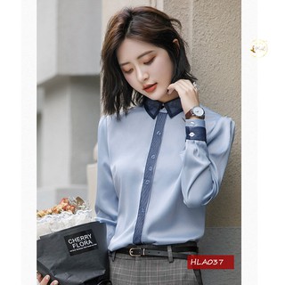 Áo sơ mi nữ đẹp công sở kiểu Hàn Quốc màu xanh cá tính 2019 HL533154
