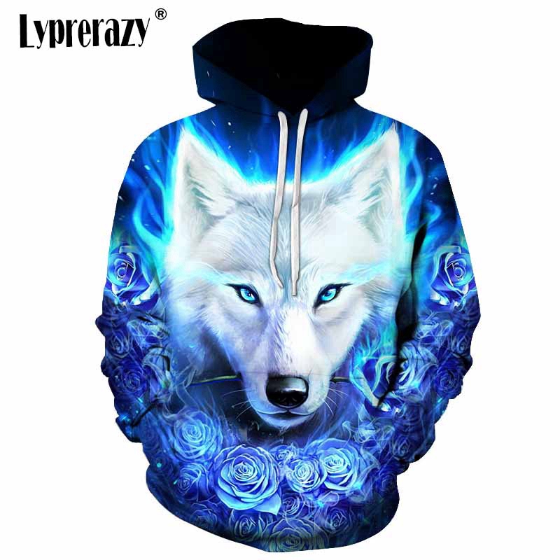 Áo thun hoodie tay dài nón dây rút có túi họa tiết sói trắng phối hoa hồng xanh độc đáo