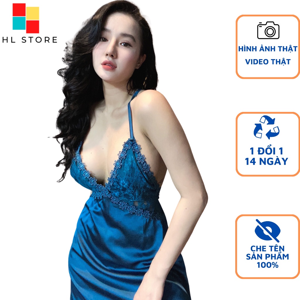 Đầm ngủ sexy 2 dây chéo lưng  Hải Lan Store, chất liệu lụa satin cao cấp phối ren mềm mại quyến rũ, freesize dưới 65kg