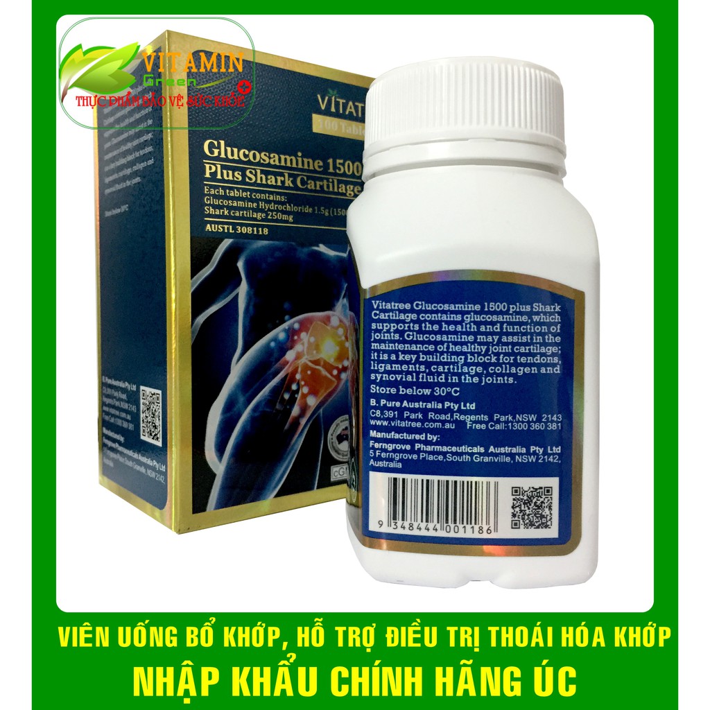 VIÊN UỐNG BỔ KHỚP VITATREE GLUCOSAMIN 1500MG PLUS SHARK CATILAGE (100 viên) | NHẬP KHẨU CHÍNH HÃNG ÚC