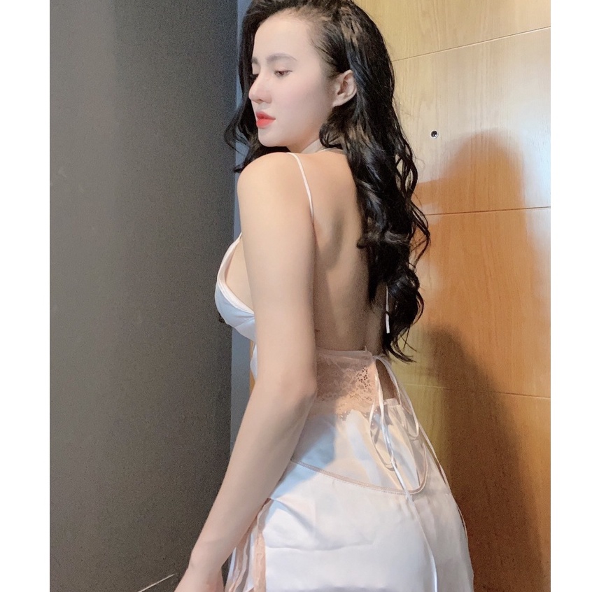 Đồ ngủ sexy / Đầm phối ren eo cột dây lưng,  chất liệu satin cao cấp loại 1, kèm quần đùi siêu cute, freesize dưới 65kg | BigBuy360 - bigbuy360.vn