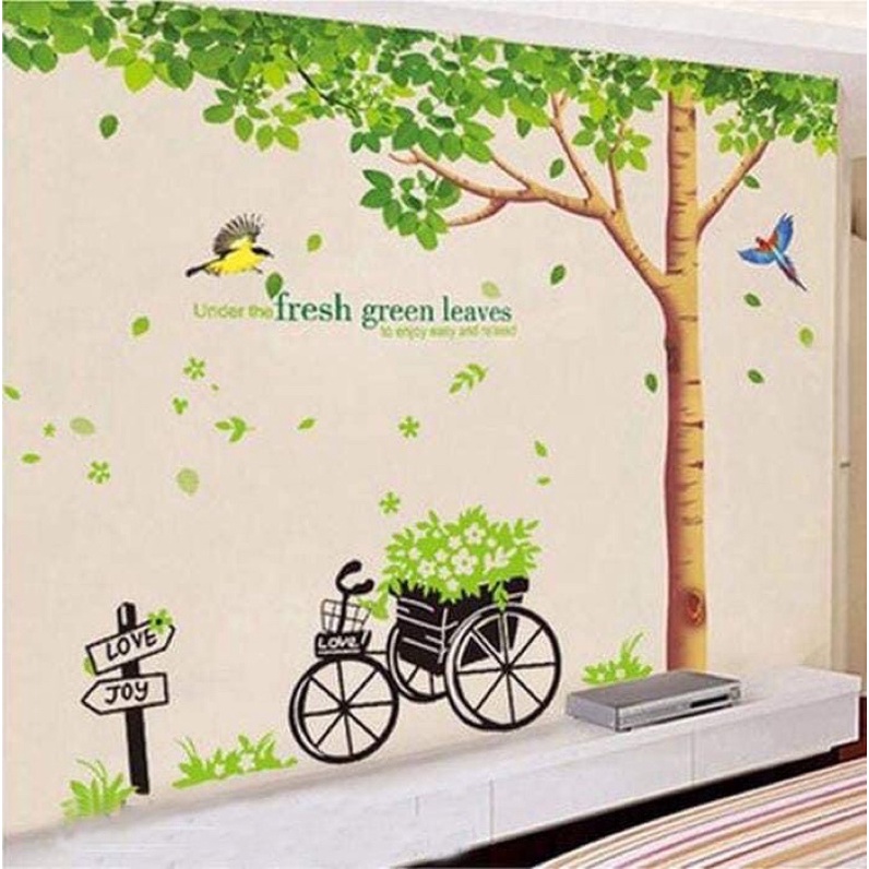 [ Size lớn ] Tranh dán tường, Decal dán tường cây tán rộng và xe đạp xanh