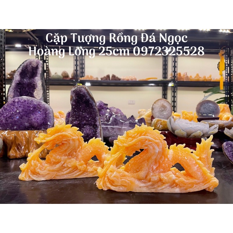 Cặp Tượng Rồng Nằm Đá Ngọc Hoàng Long 25cm Phong Thuỷ