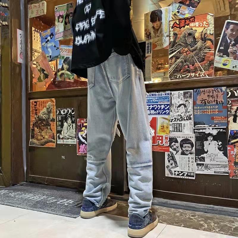 Quần jean nam rách chất vải bò jean baggy nam dáng suông kẻ sọc in lỏng quần tây nam đơn giản khâu quần jean đôi thời trang