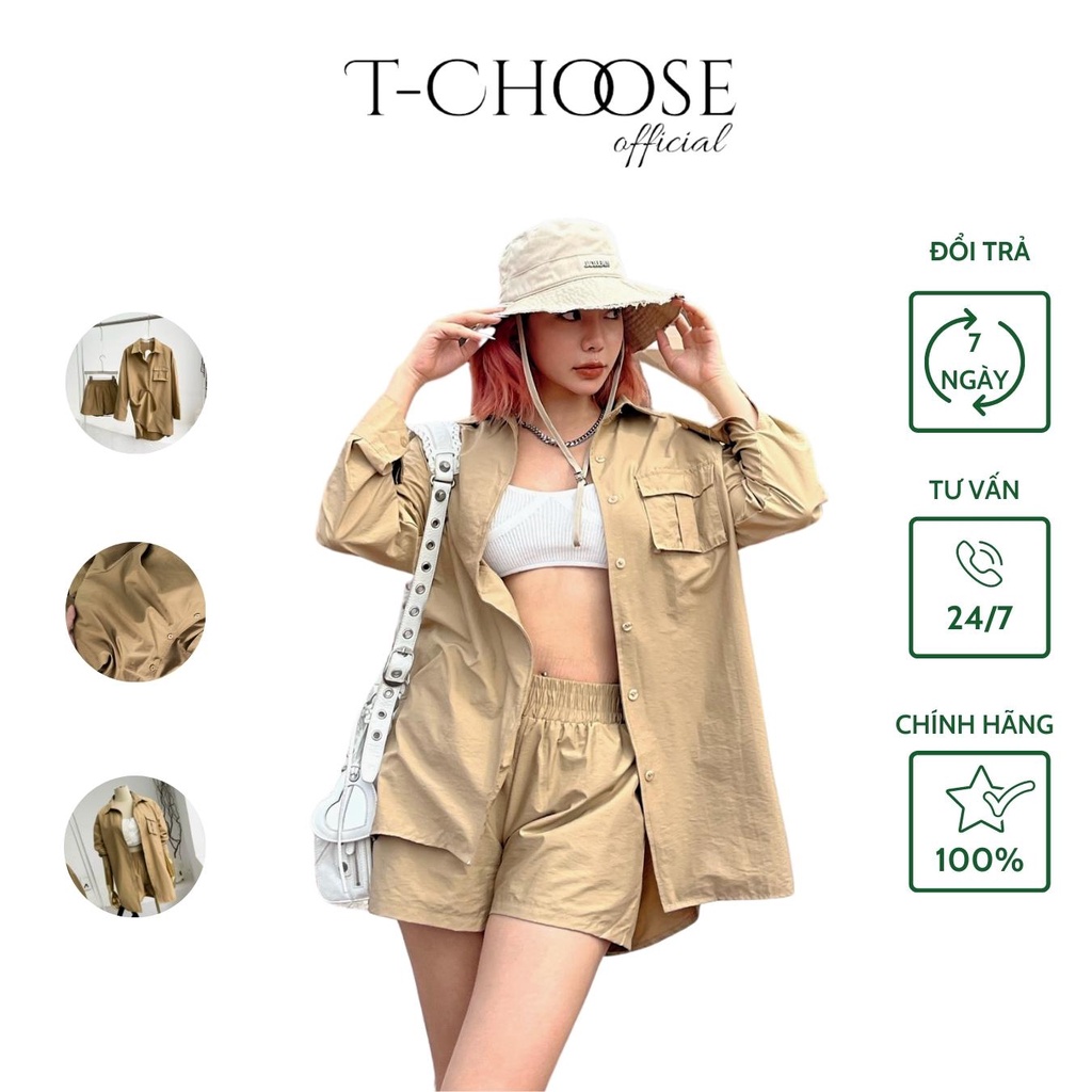 Set quần áo nữ áo sơ mi túi ngực đuôi tôm, quần short cạp chun xòe form rộng dễ mặc