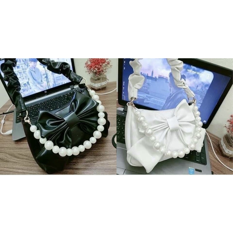 Túi Đeo Vai Kẹp Nách Quai Rúm Hình Nơ Kèm Chuỗi Hạt Siêu Xinh, Túi Xách Nữ Phong Cách Thời Trang Hàn Quốc M48