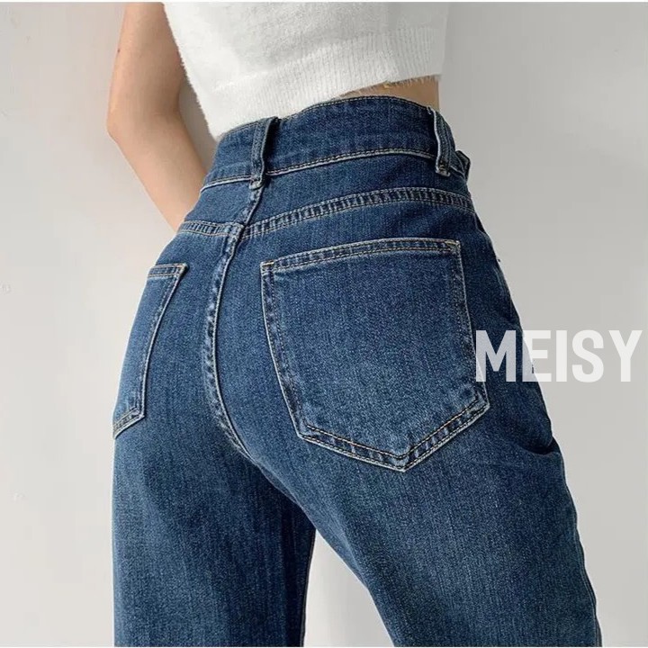 Quần Jean Nữ Màu Xanh Đậm Ống Rộng Cạp Lưng Cao 2 Cúc Phong Cách Ulzzang (Meisy) | BigBuy360 - bigbuy360.vn