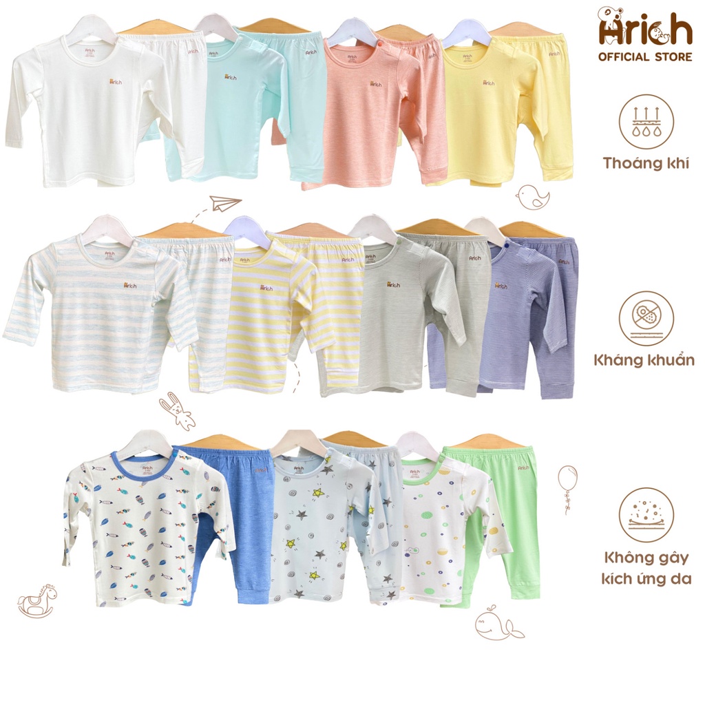 Bộ quần áo dài cài vai Arich vải sợi tre màu trơn (size 3-6 tháng đến 3-4 tuổi)