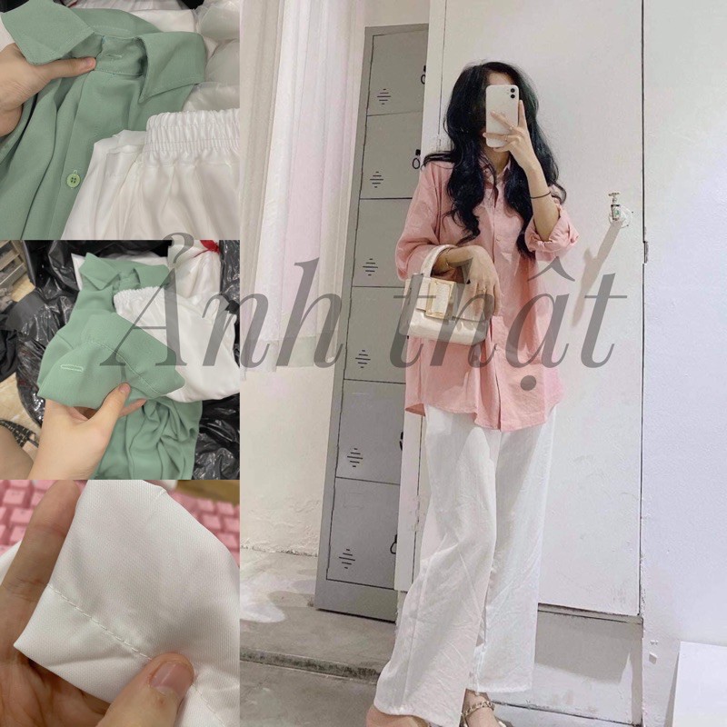 Set đồ nữ 🌸FREESHIP🌸 Set quần áo nữ  sơ mi thun dài tay mix quần trắng đũi ullzang HOLA.STORE