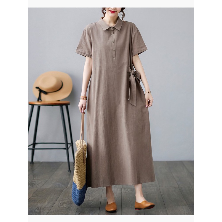 Váy sơ mi dáng dài thắt eo – Đầm sơ mi nữ form suông màu nâu vintage, chất linen mềm mát