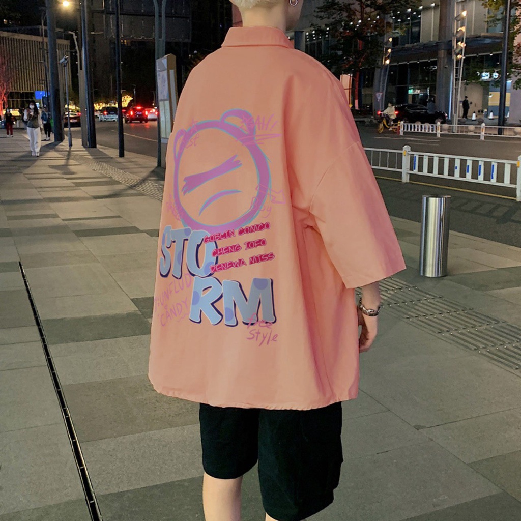 Sơ mi hàn quốc unisex from rộng nam nữ , sơ mi nam nữ vải voan lụa mịn mát free size 40kg - 70kg in gấu storm