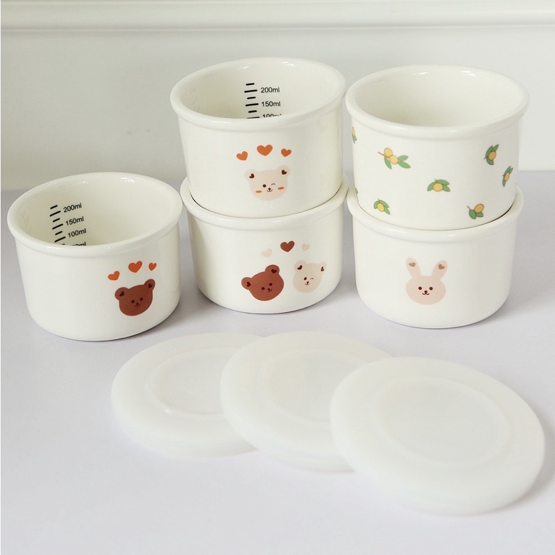 Hũ sứ ăn dặm phong cách Hàn Quốc, bát sứ hình gấu siêu dễ thương có nắp silicone