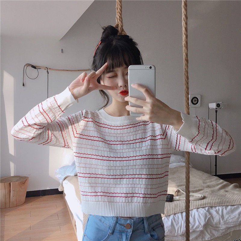 Áo thun sweater Hàn Quốc dài tay sọc trắng đen dành cho nữ