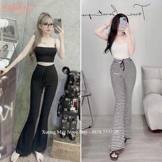 Quần ống loe sọc thun nữ lưng cao cạp chun co dãn có dây eo buộc thắt dây kéo mặc công sở đi học biển hẹn hò hack dáng