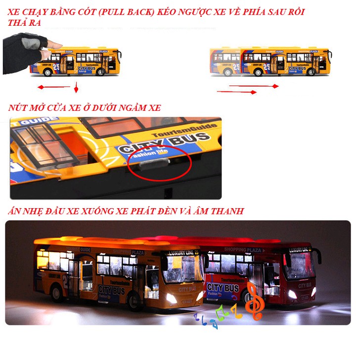 Xe ô tô buýt Mô hình bằng sắt có âm thanh và đèn City Bus Đồ chơi trẻ em