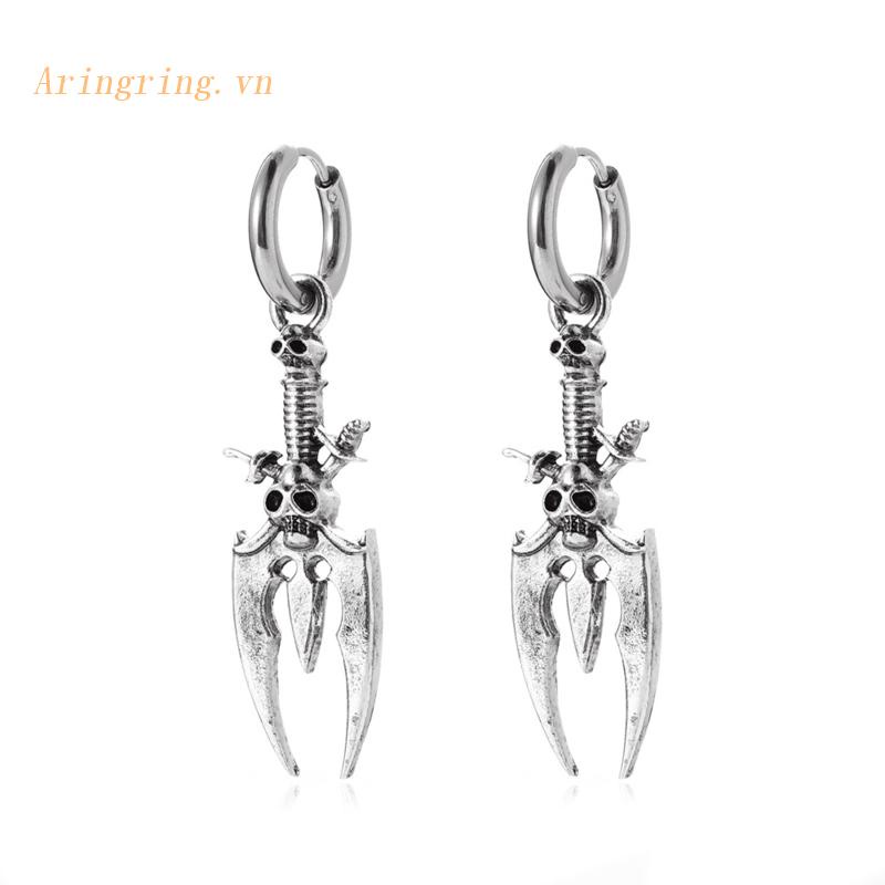 Khuyên Tai Tròn Bản Lề Kèm Mặt Hình Đầu Lâu Phong Cách Gothic Punk Cho Tiệc Halloween