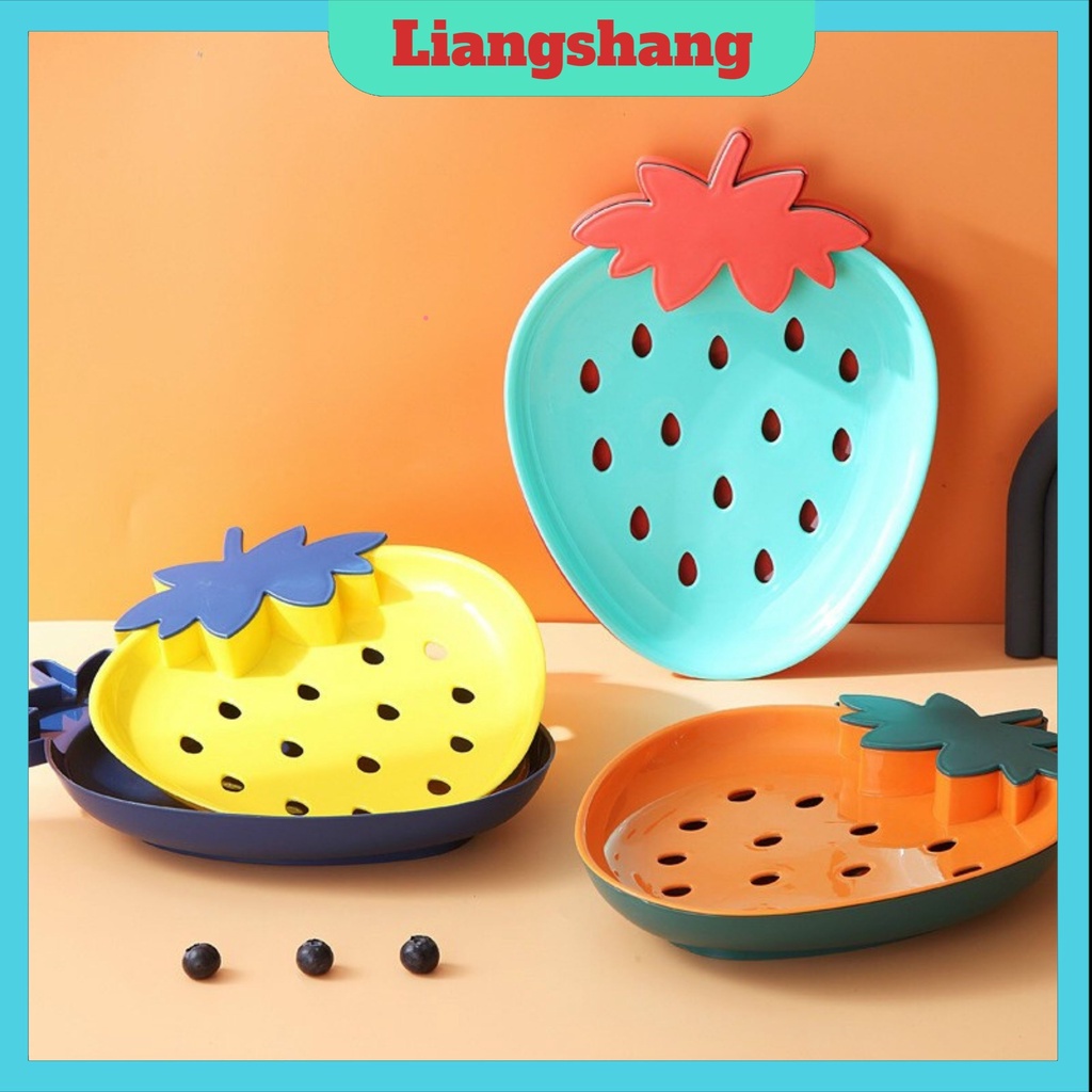 Đĩa quả dâu tây pastel xinh xắn có nắp đựng tăm, để ráo nước