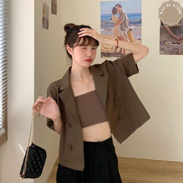 Áo Blazer Croptop Ngắn Tay Dáng Suông - Vest Màu Trơn Kèm Yếm Dáng Rộng Chất Mát  - Daube - A027 | BigBuy360 - bigbuy360.vn