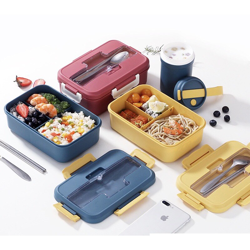 Hộp cơm văn phòng 3 ngăn cao cấp kèm đũa thìa 1000ml