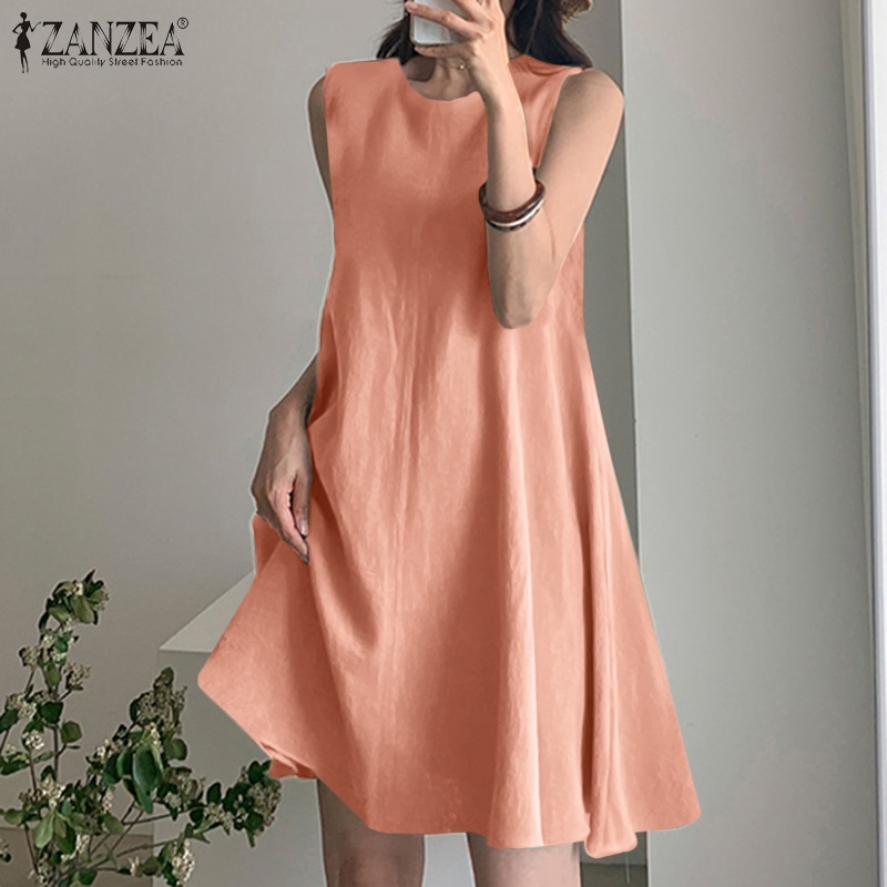 Đầm mini Zanzea không tay cổ tròn cài nút sau lưng màu trơn kiểu vintage cho nữ