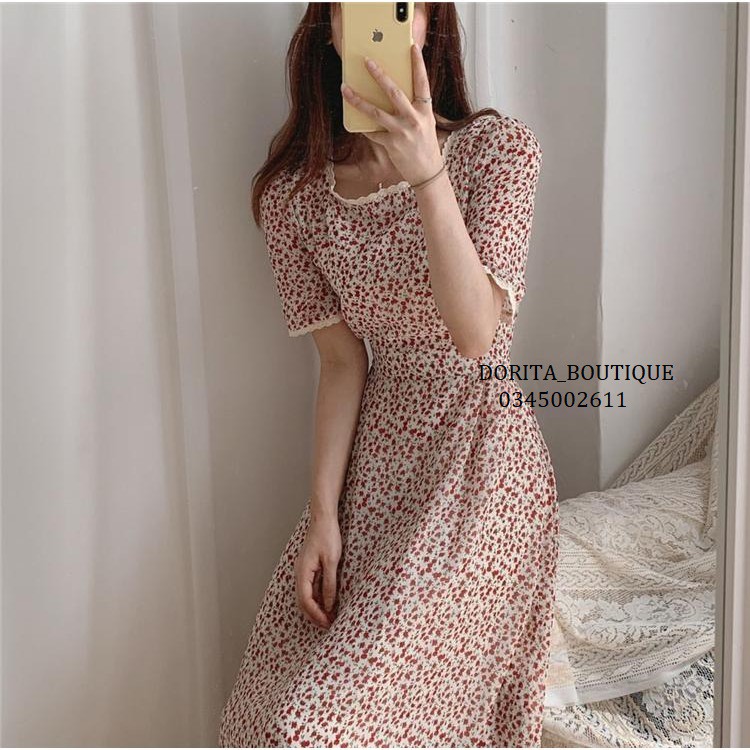 Váy hoa nhí vintage cổ vuông ngắn tay, Đầm vintage dáng dài - Dorita Boutique