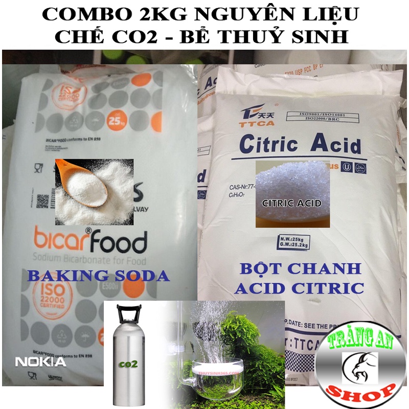 Combo 2Kg Nguyên liệu Chế CO2 (1Kg Acid Chanh, 1Kg Baking Soda) Cho Bể Cá Cảnh, Bể Thuỷ Sinh