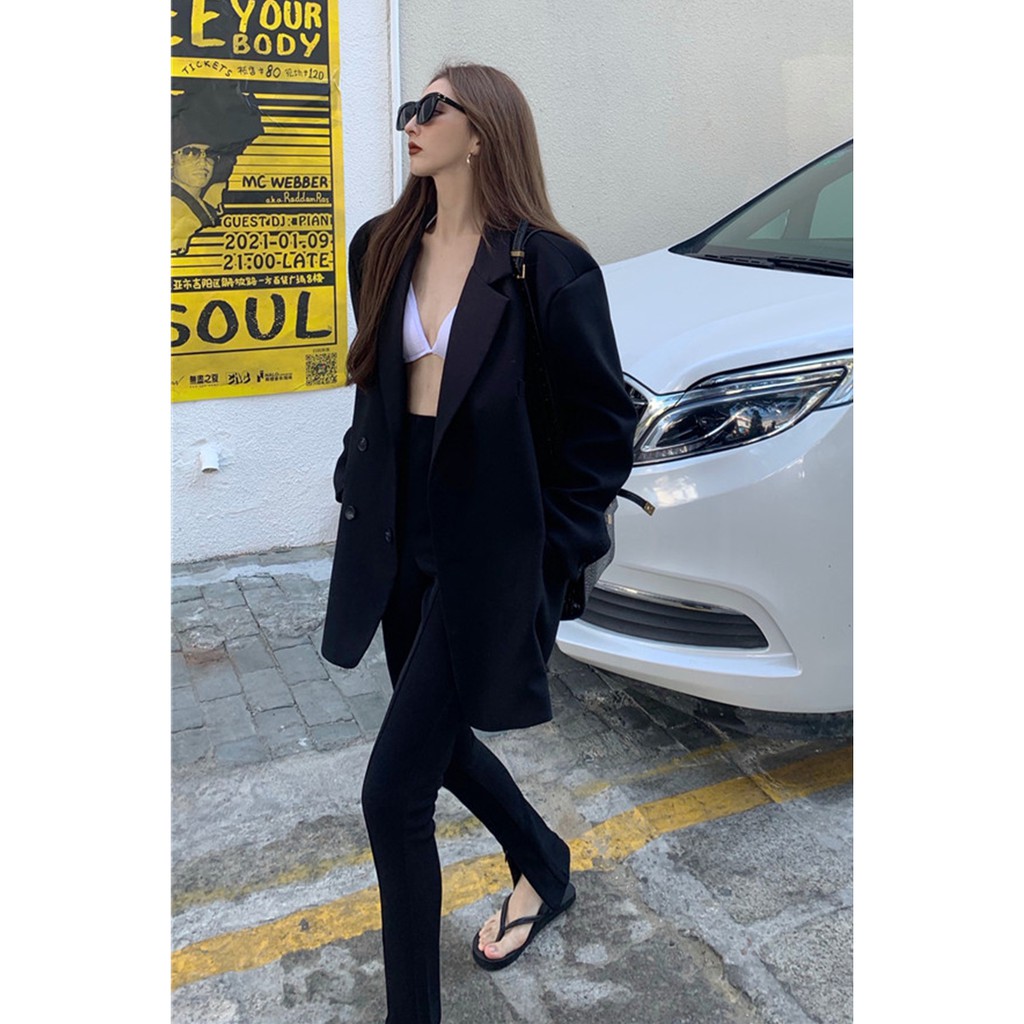 Women's black suit jacket Korean casual mid-length all-match suit jacket