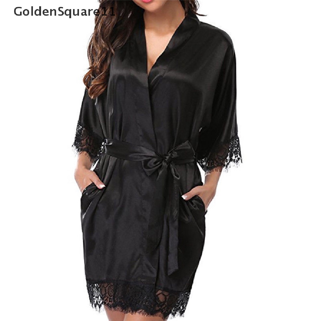 [GoldenSquare11] Sexy Women Lace Long Bride Kimono Robe Satin Silk Night Dressing Gown .
