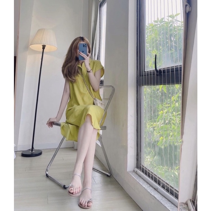 Váy lụa màu màu vàng úa,đầm cổ sơmi không tay mền mại