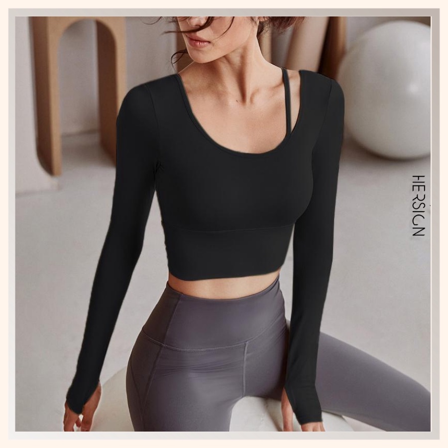 Croptop nữ Đồ tập gym nữ áo tập tay dài lệch vai cao cấp HERSIGN-CROP03