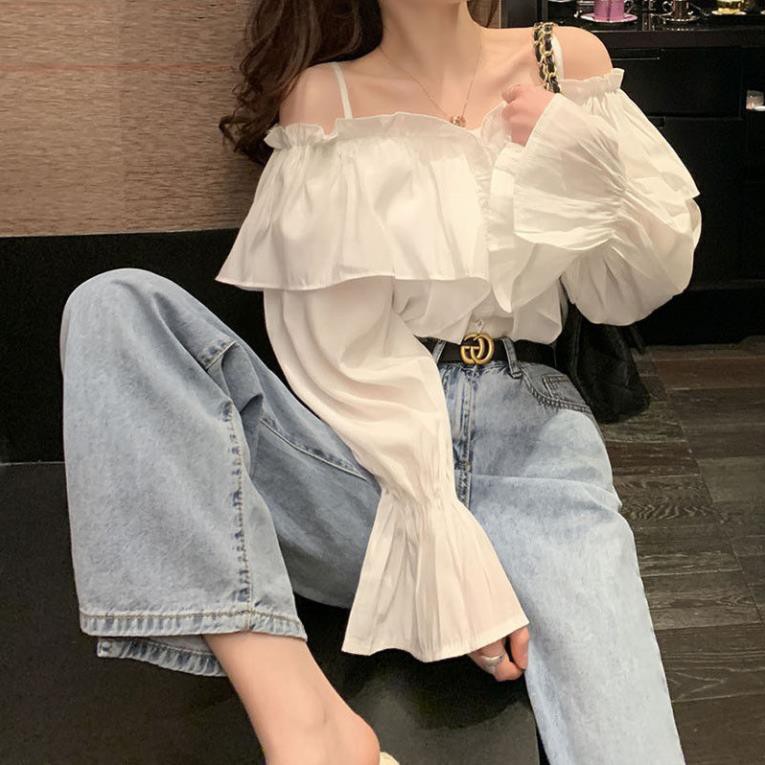 Áo Kiểu Nữ White Off-Shoulder Shirt Women's Flared Long-sleeve Korean Fashion Blouse New