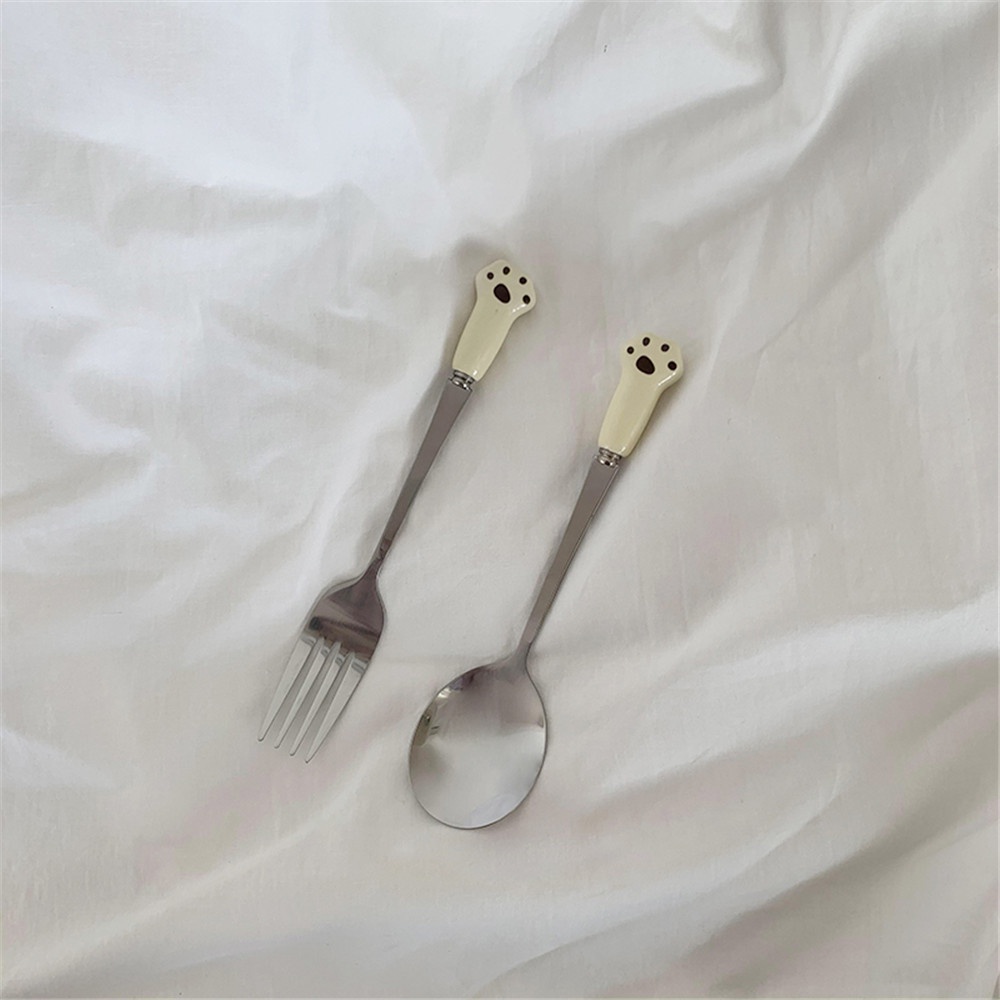 Muỗng cà phê/ nĩa trái cây bằng thép không gỉ kiểu dấu chân mèo dễ thương