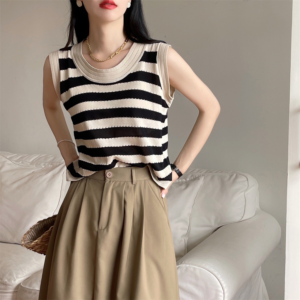 Áo Ba Lỗ Dáng Rộng Họa Tiết Kẻ Sọc Trắng Đen Thời Trang 51801