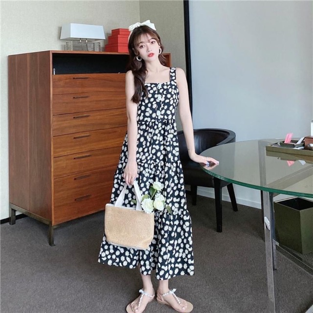 Đầm hoa cúc maxi tầng (có hình thật)
