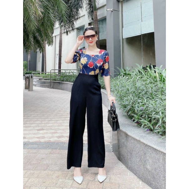 Thiết kế - Jumpsuit dài ống suông tay ngắn, bộ jum đồ bay dài cổ vuông sành điệu